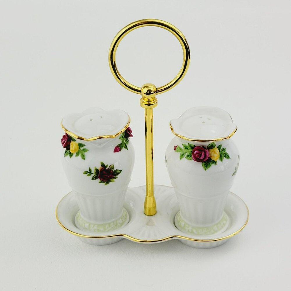 Royal Albert 3 Piece Salt, Pepper & Tray Set, Old County Roses, Hard to Find